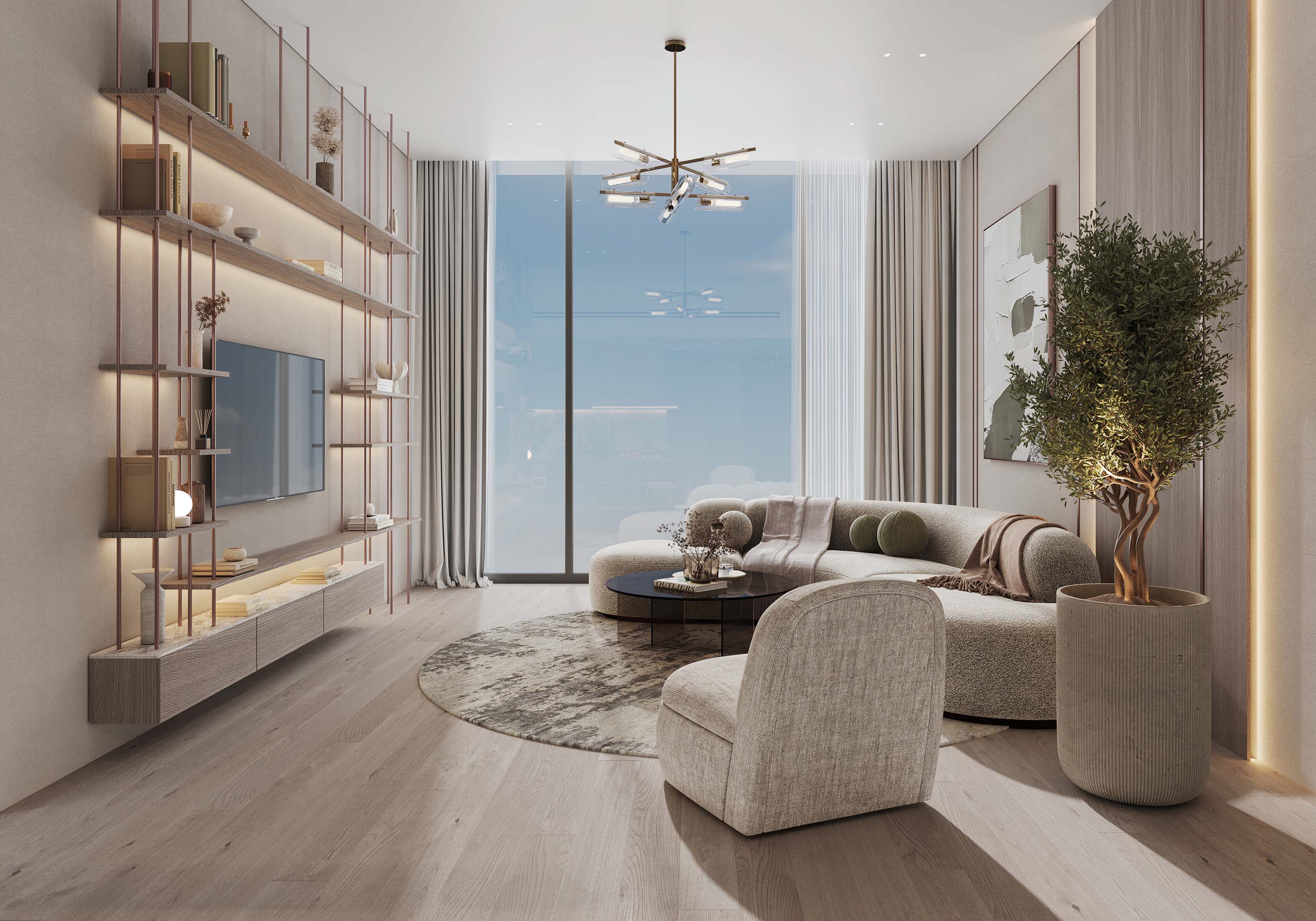 Cove Grand By Imtiaz A modern living room featuring a curved sofa, natural light, decorative shelves, a round rug, and greenery.